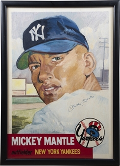 1953 Topps Mickey Mantle Signed Original Pastel Drawing Framed to 26x36" 